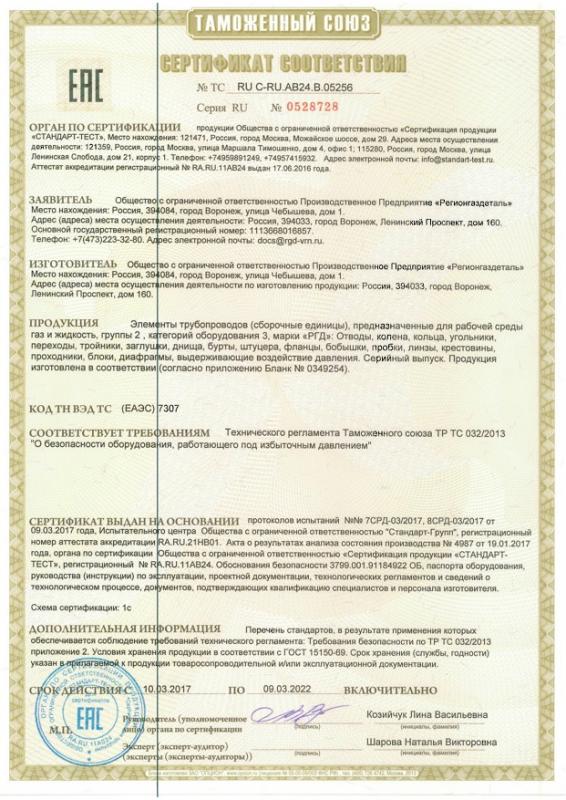 Сертификат ТР ТС 032/2013 «О безопасности оборудования, работающего под избыточным давлением»